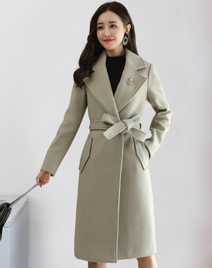 时尚韩版女款纯色翻领金属精致胸针本布腰带修身中长款呢大衣外套