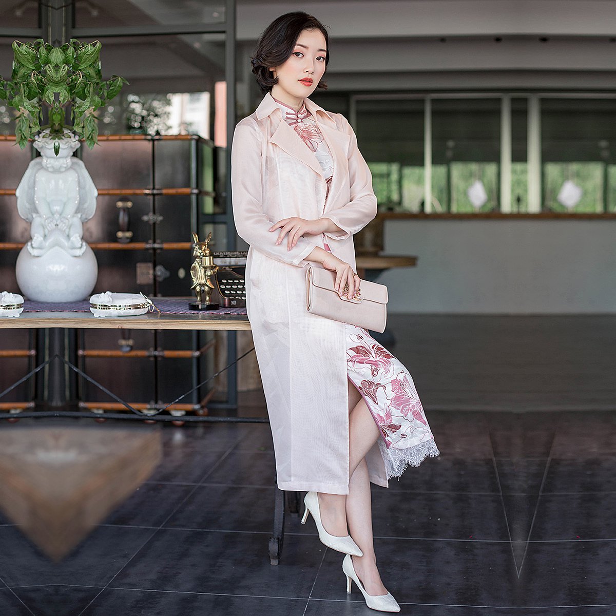 苏樱 春季2019新款女旗袍外搭外套开衫长款风衣