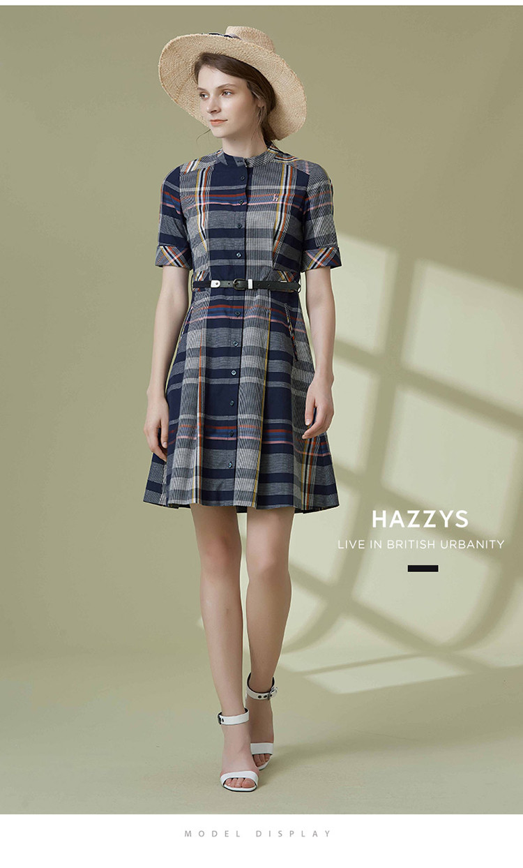 哈吉斯hazzys 新款女装格子立领连衣裙修身高腰裙