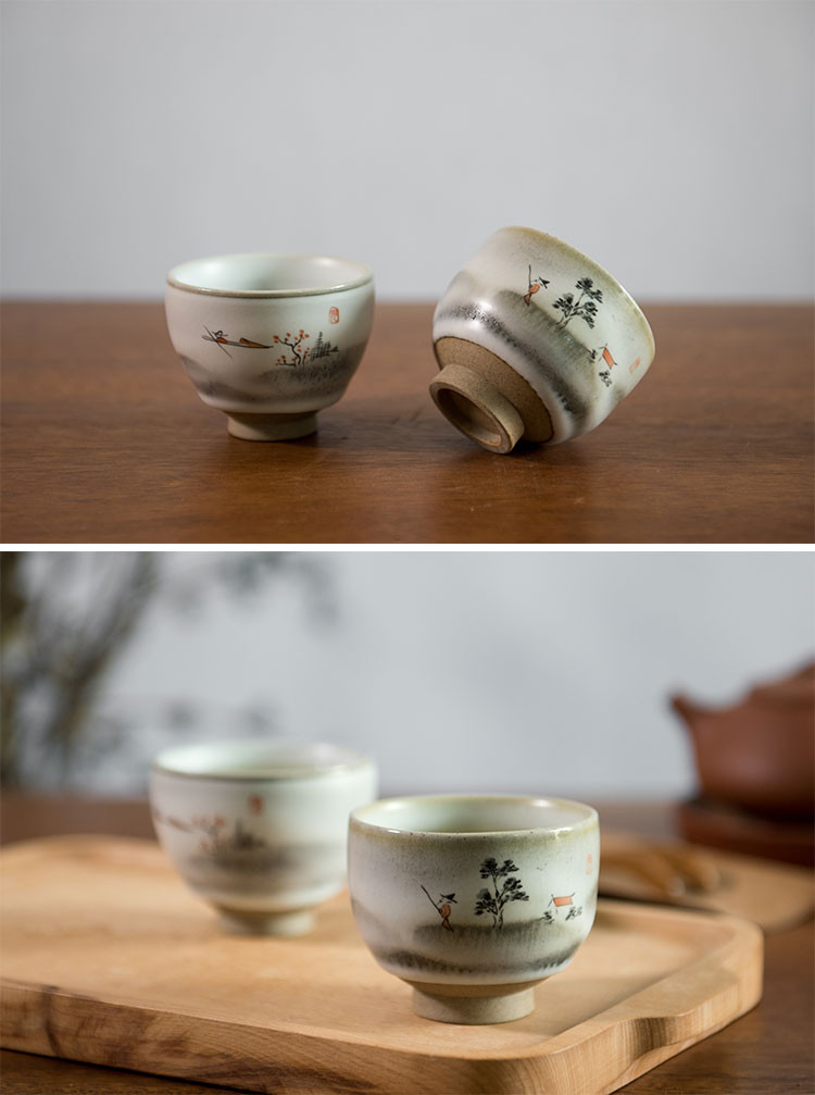 办公室情侣古风手绘山水粗陶对杯茶杯