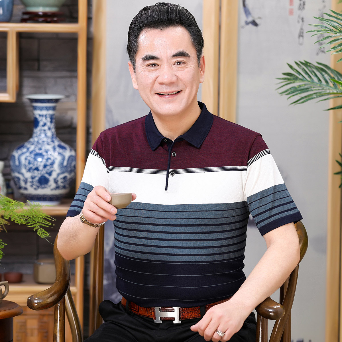 2019新款商务中老年t恤男式宽松透气条纹短袖polo衫