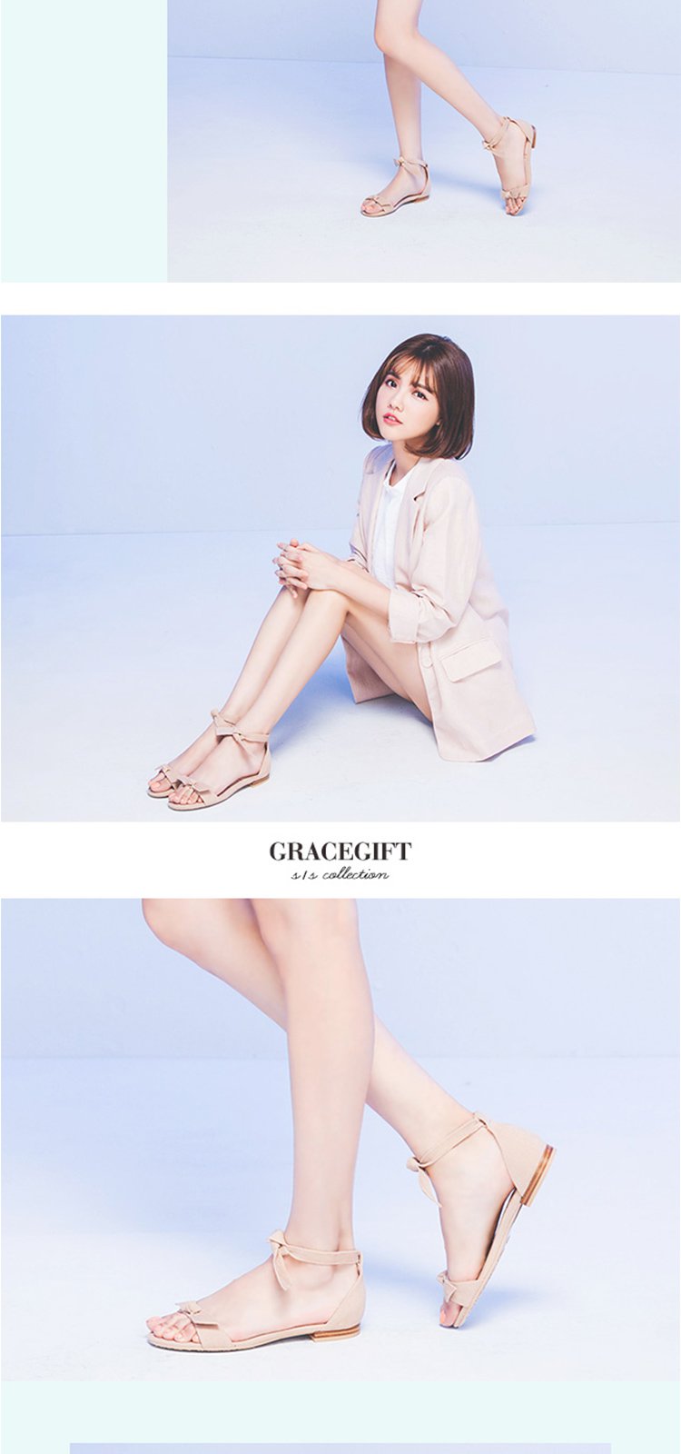 gracegift 【卖完不补】甜美蝴蝶结一字带平底女士凉鞋女鞋女学生凉鞋
