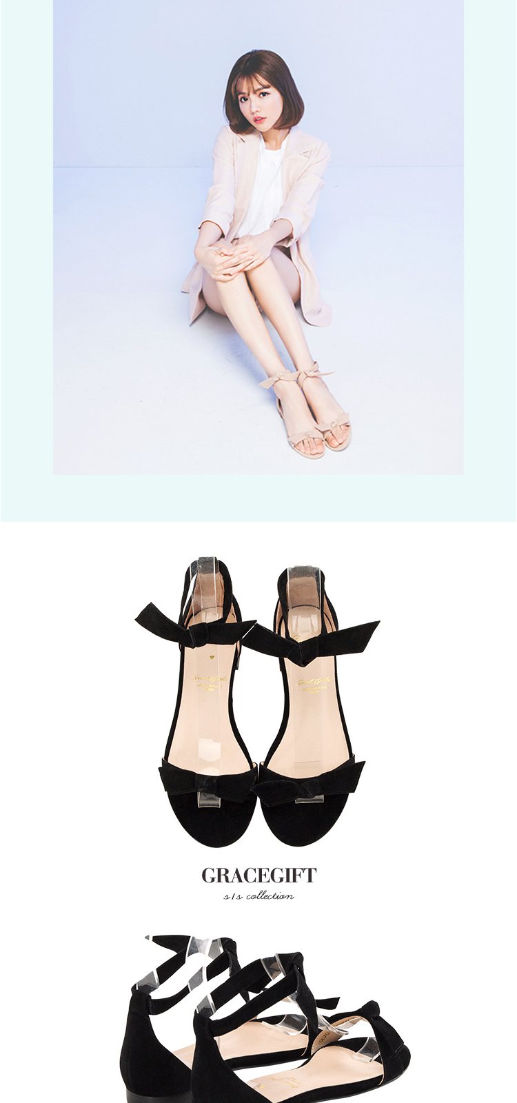gracegift 【卖完不补】甜美蝴蝶结一字带平底女士凉鞋女鞋女学生凉鞋
