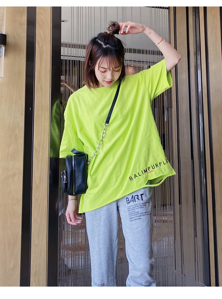 荧光绿百搭t恤女2020时尚潮流设计感短袖破洞开叉小心机上衣
