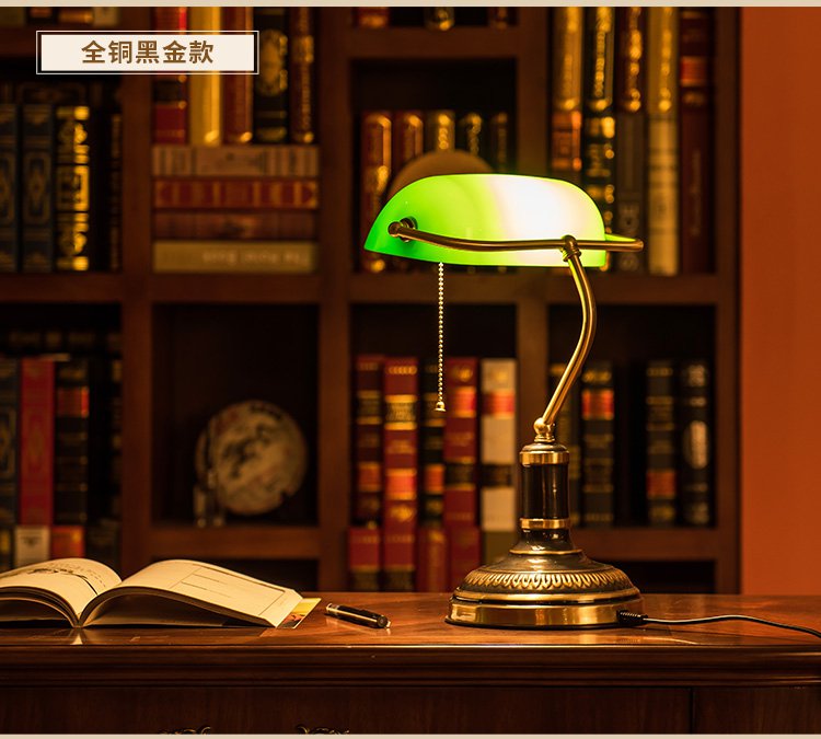 冠雅全铜美式复古书桌护眼台灯老上海绿色玻璃民国银行书房办公灯