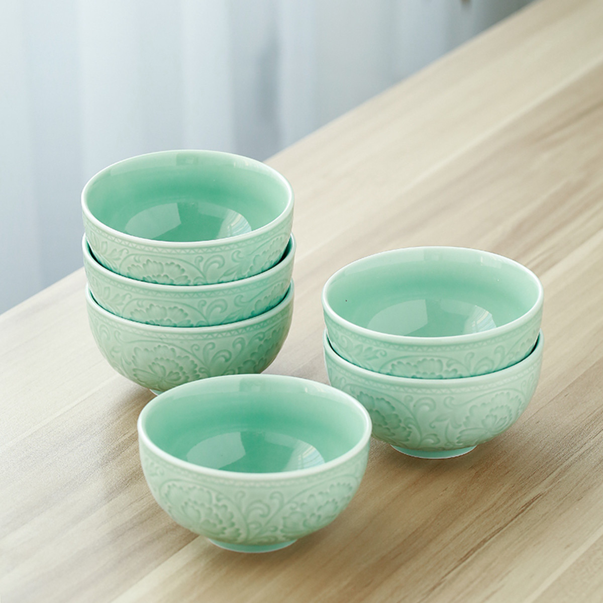 苏氏陶瓷 青瓷釉陶瓷碗花开富贵米饭碗汤碗6件套装餐具