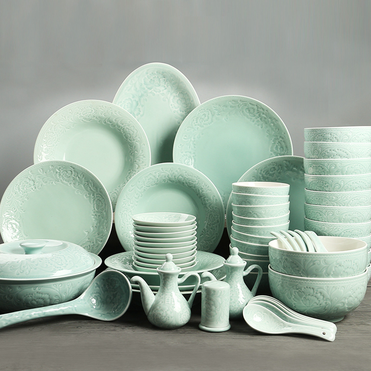 苏氏陶瓷 青瓷餐具套装浅绿釉花开富贵陶瓷碗盘56头龙泉餐具礼盒