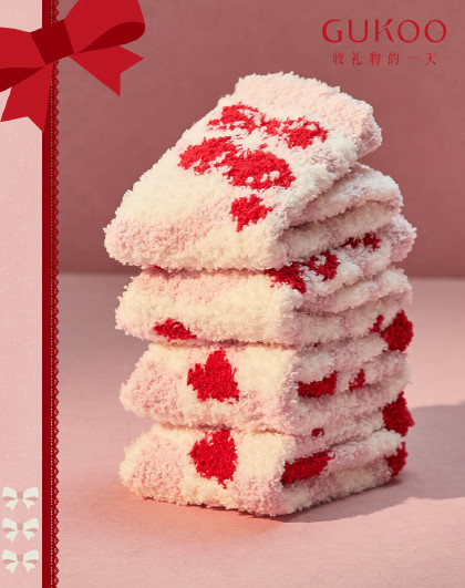 【红运系列】袜子秋冬季女士厚款半边绒红色苹果本命年高弹睡眠袜