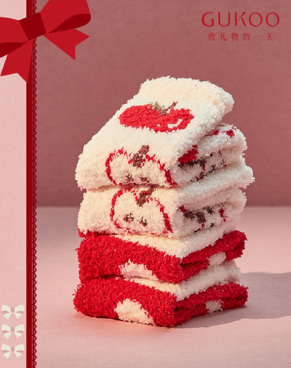 【红运系列】袜子秋冬季女士厚款半边绒红色苹果本命年高弹睡眠袜