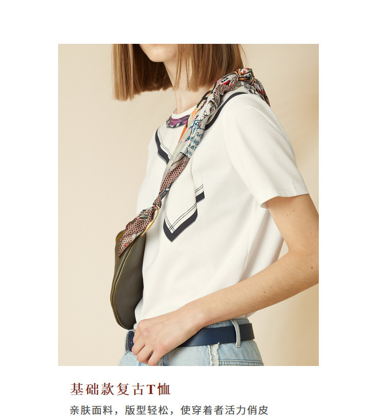 领口丝巾元素设计圆领短袖t恤女
