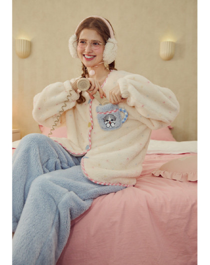 【鲨鱼猫系列】睡衣女冬款加绒加厚高品质可外穿甜美居家服套装