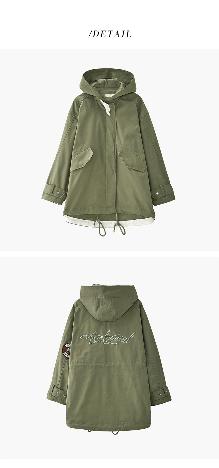 春秋女装卡通贴标连帽可调节袖口下摆抽绳宽松派克服外套