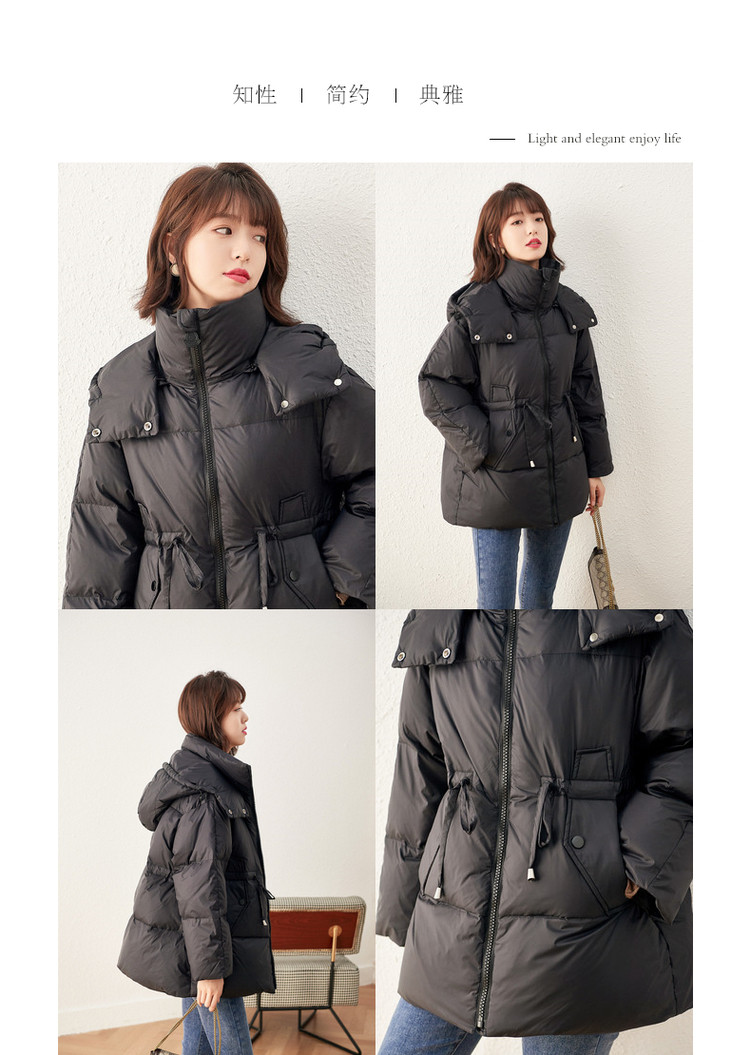 春秋新款简约纯色连帽短款羽绒服女抽绳收腰保暖羽绒服外套