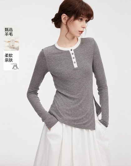 天丝绵羊毛打底衫女2025年春季款优雅气质假两件开叉T恤女