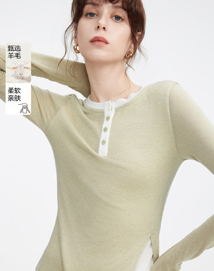 天丝绵羊毛打底衫女2025年春季款优雅气质假两件开叉T恤女