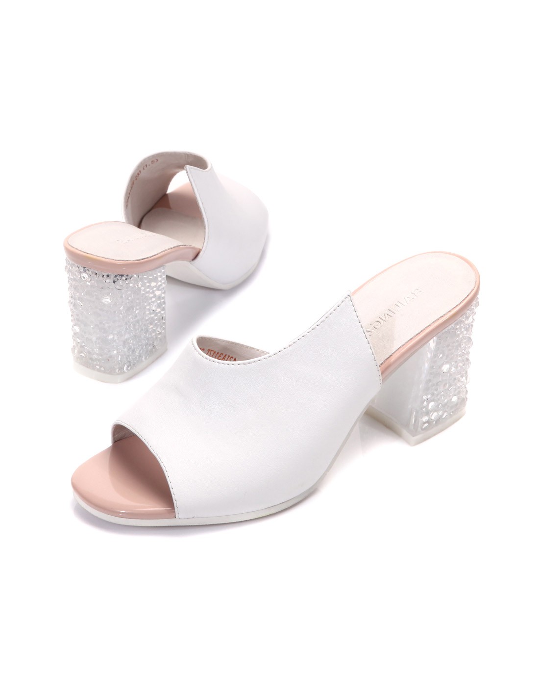 bailingliren头层牛皮白色粗高跟凉拖42IA3117TB