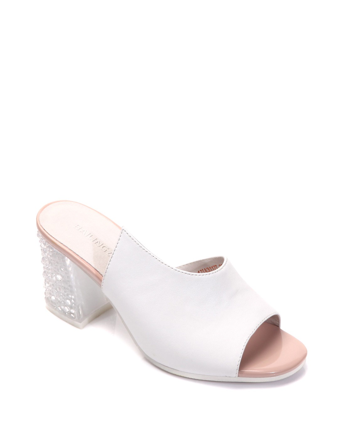 bailingliren头层牛皮白色粗高跟凉拖42IA3117TB