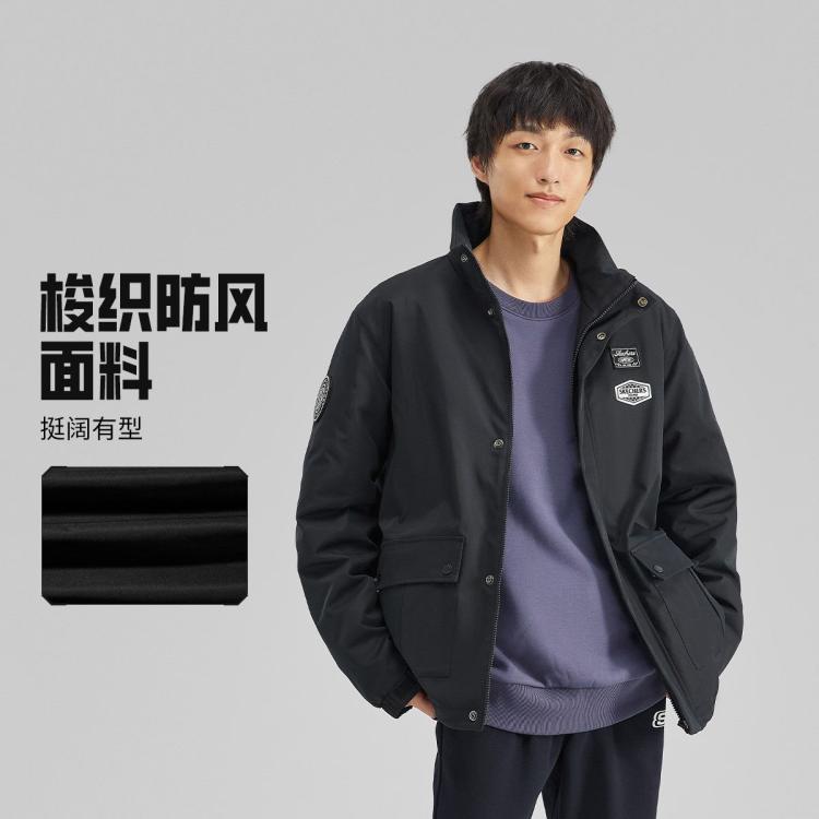 Skechers 斯凯奇 【防风保暖】男式梭织棉服立领工装风运动外套男秋冬季 In Black