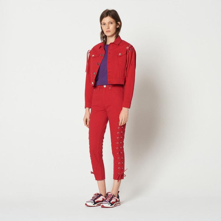 Sandro 春夏季女士侧面系带设计高腰显瘦八分休闲裤女本命年氛围感穿搭 In Red