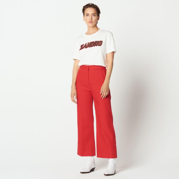 Sandro 春夏季女士纯色优雅气质点状图案高腰阔腿裤高级感休闲裤 In Red
