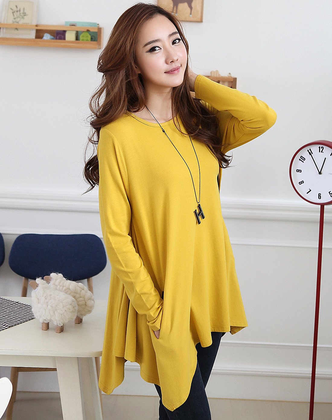 韩都衣舍hstyle女上装专场-韩都衣舍 黄色长袖圆领宽松中长款t恤