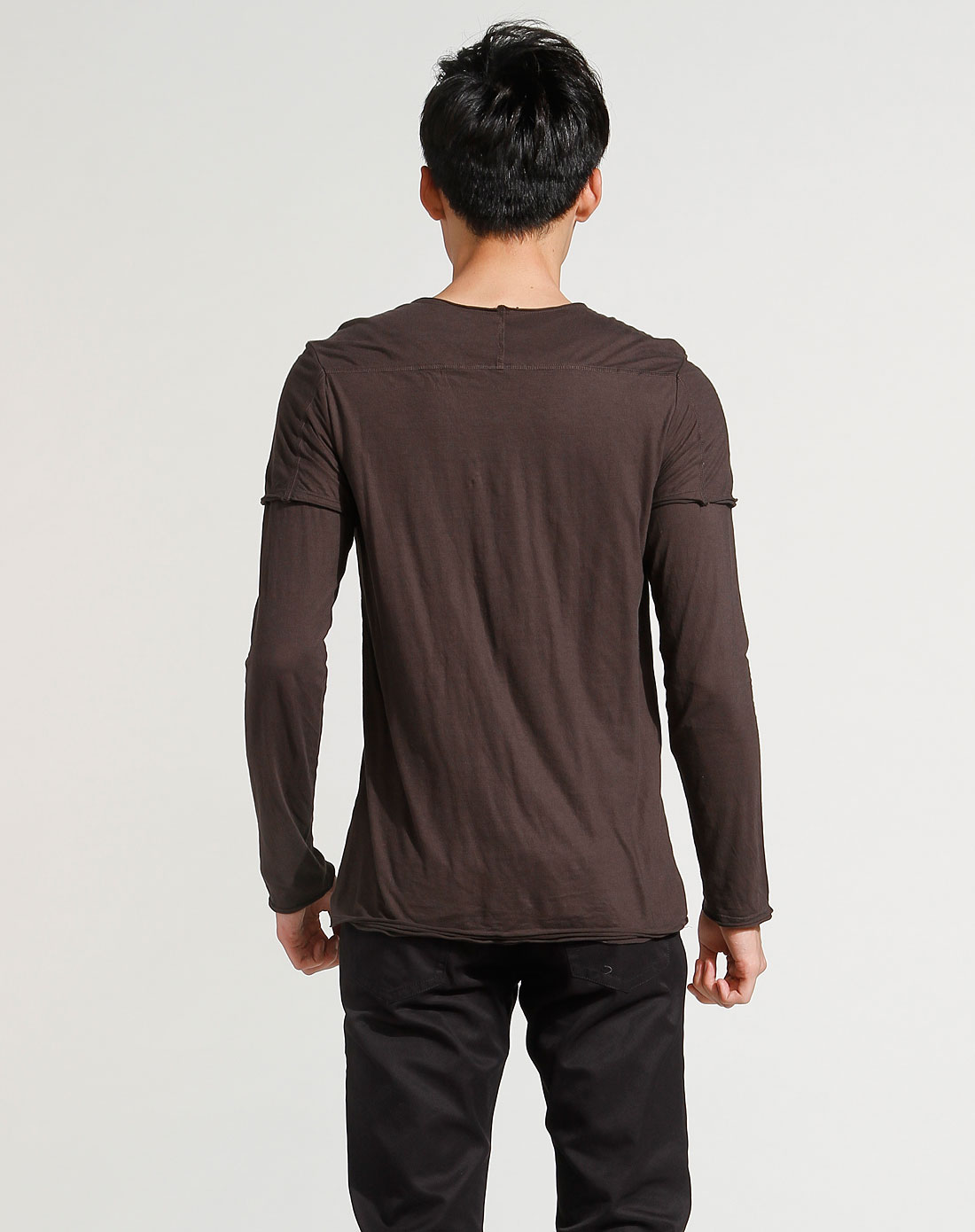 黑咖啡色斯文印图假两件长袖t恤