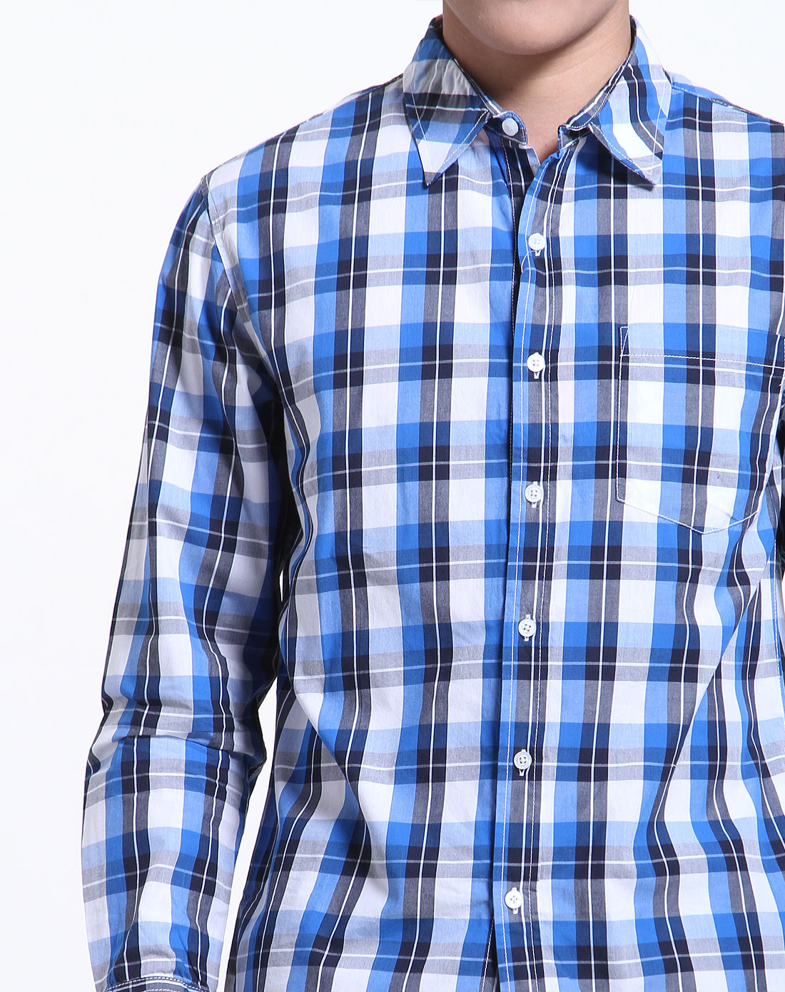 男式长袖翻领蓝色格子衬衫