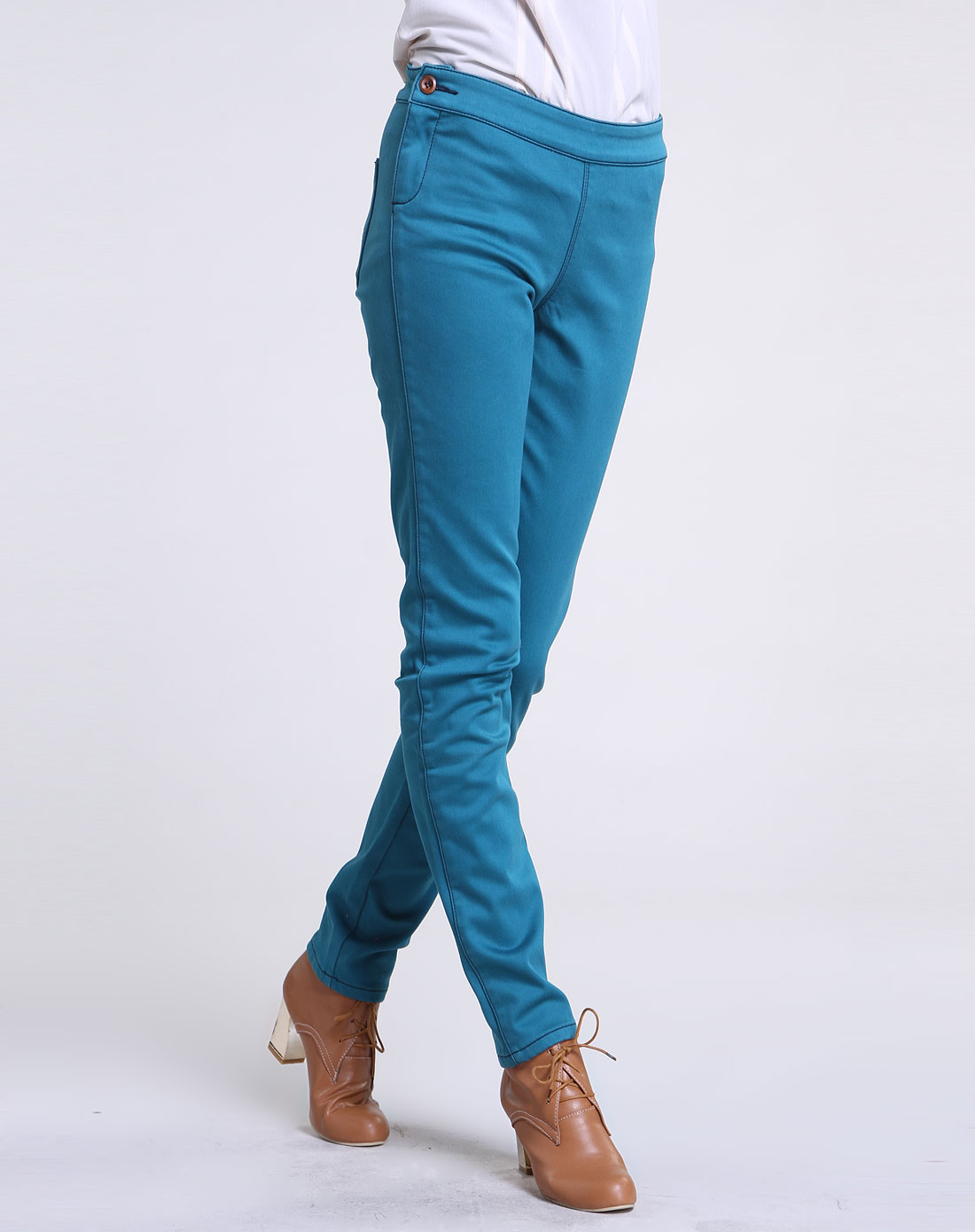 蓝绿色简约修身中腰牛仔长裤