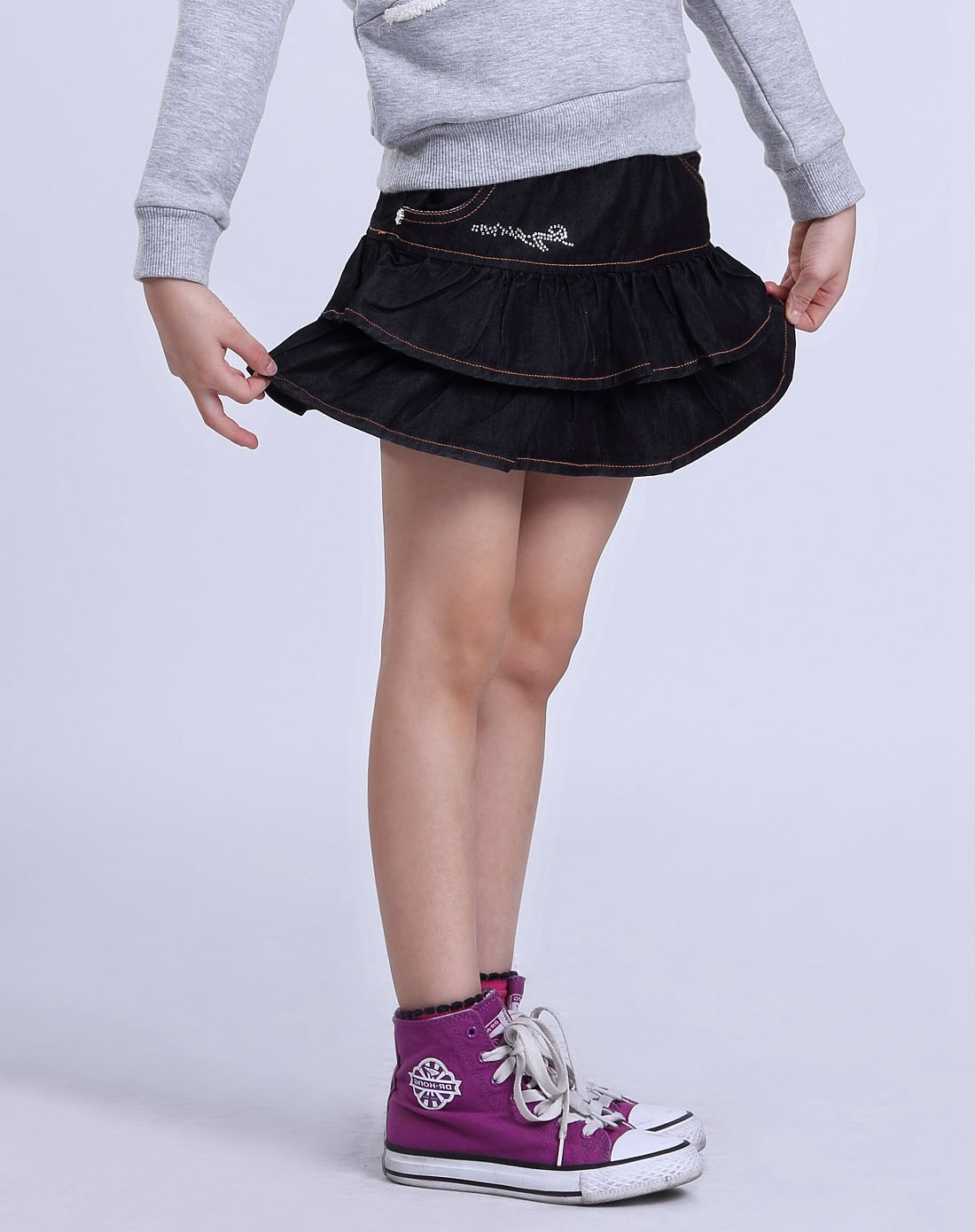 青蛙皇子frog prince男女童女童黑色纯棉荷叶牛仔短裙1211107908132