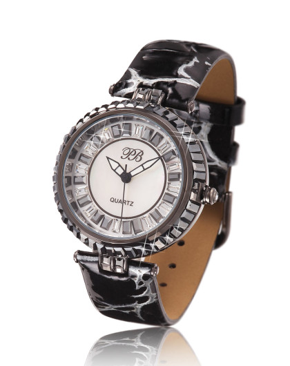 蝴蝶公主princess butterfly手表专场 女款时尚晶钻圆盘皮带石英表 白