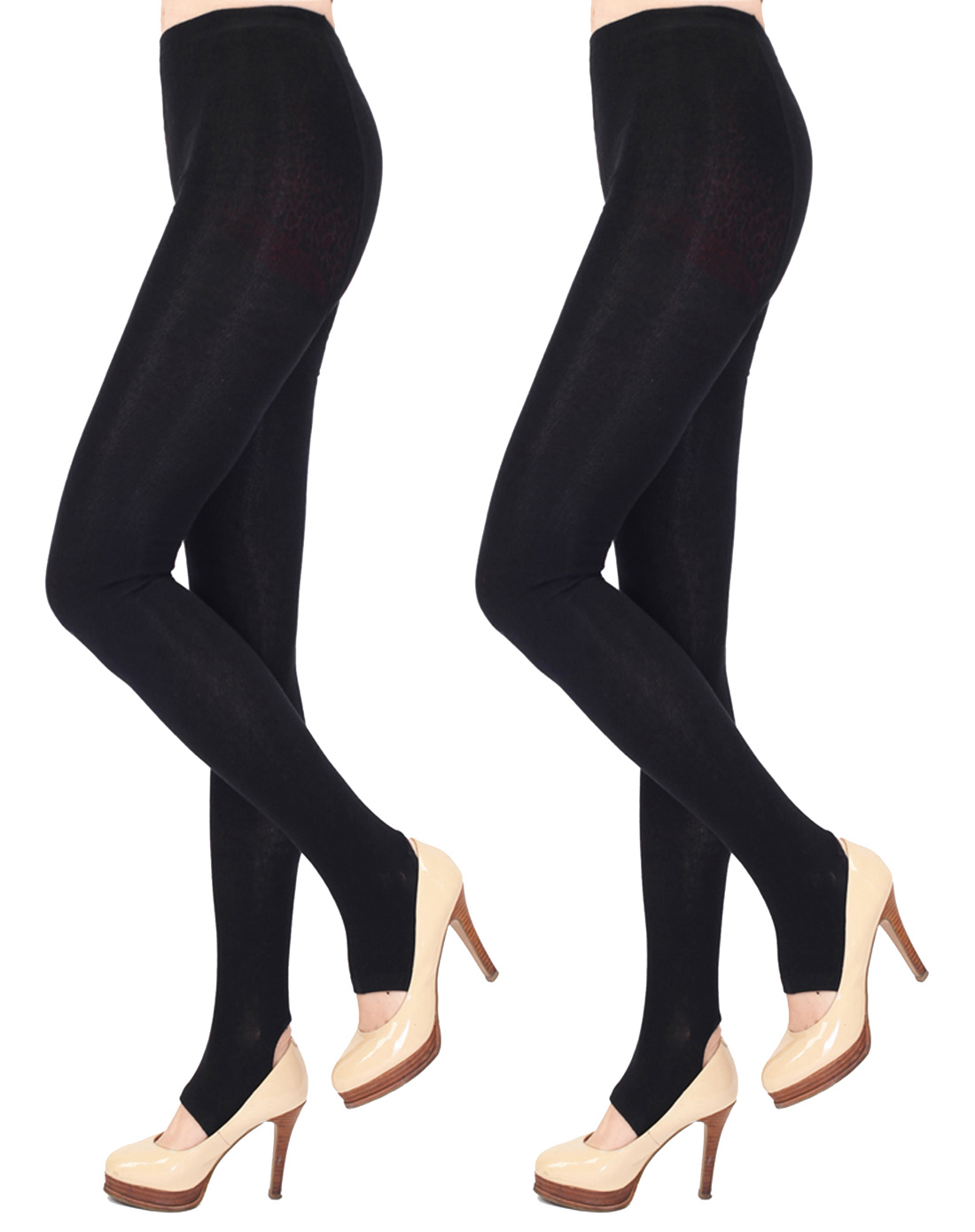 女款黑色2双组平板精梳棉踩脚裤