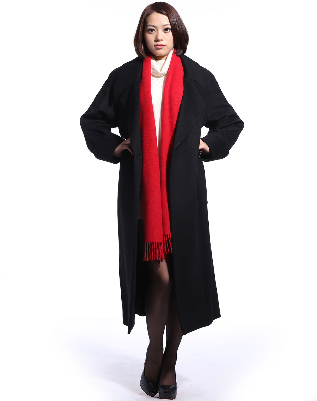 翻领插肩袖女长大衣