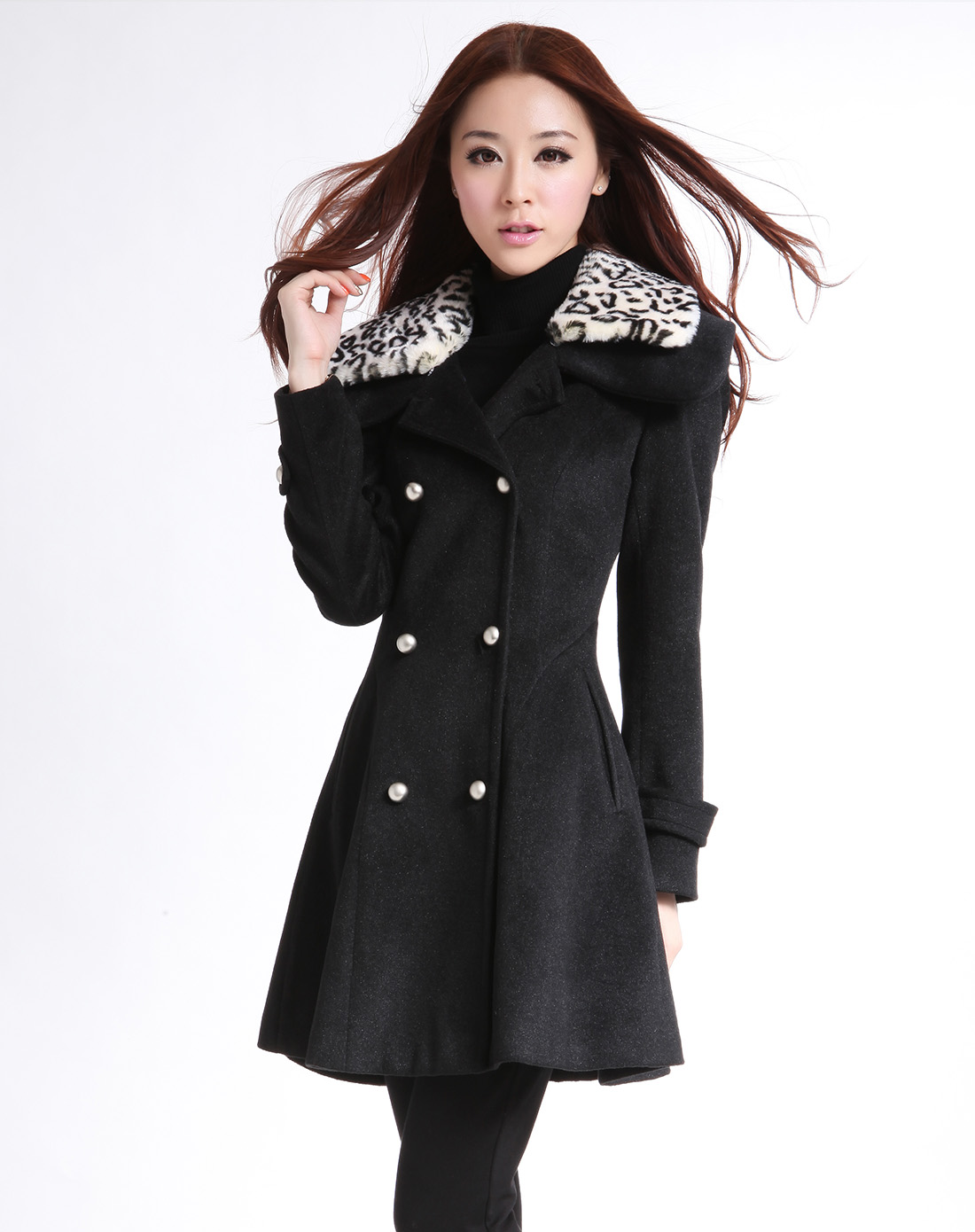 黑色韩版毛领长款大衣