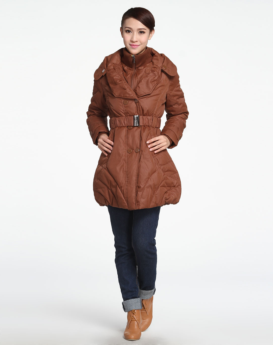 女款深棕咖色翻领中长款长袖羽绒服