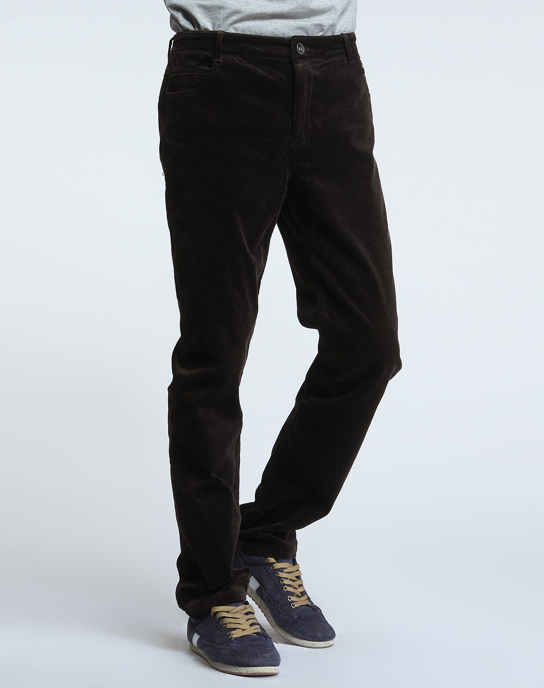 咖啡色修身灯芯绒休闲长裤