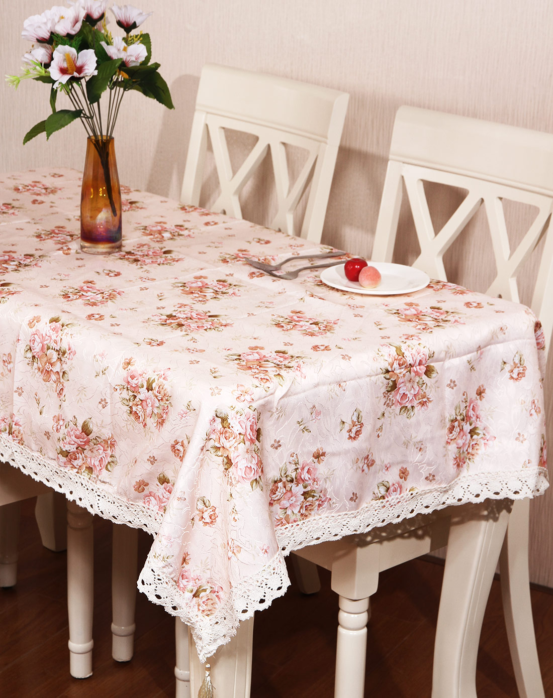 粉色玫瑰花绣花桌布