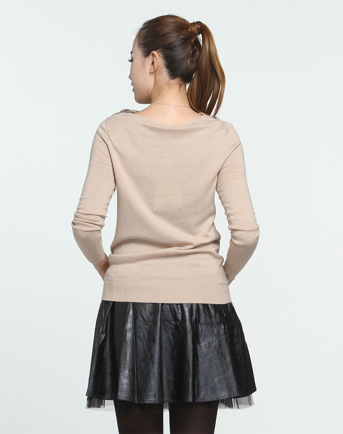 深杏色圆领水墨印花长袖针织衫