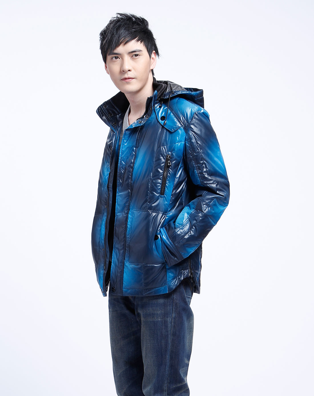 旗牌王kipone男装-深蓝色时尚连帽长袖羽绒服