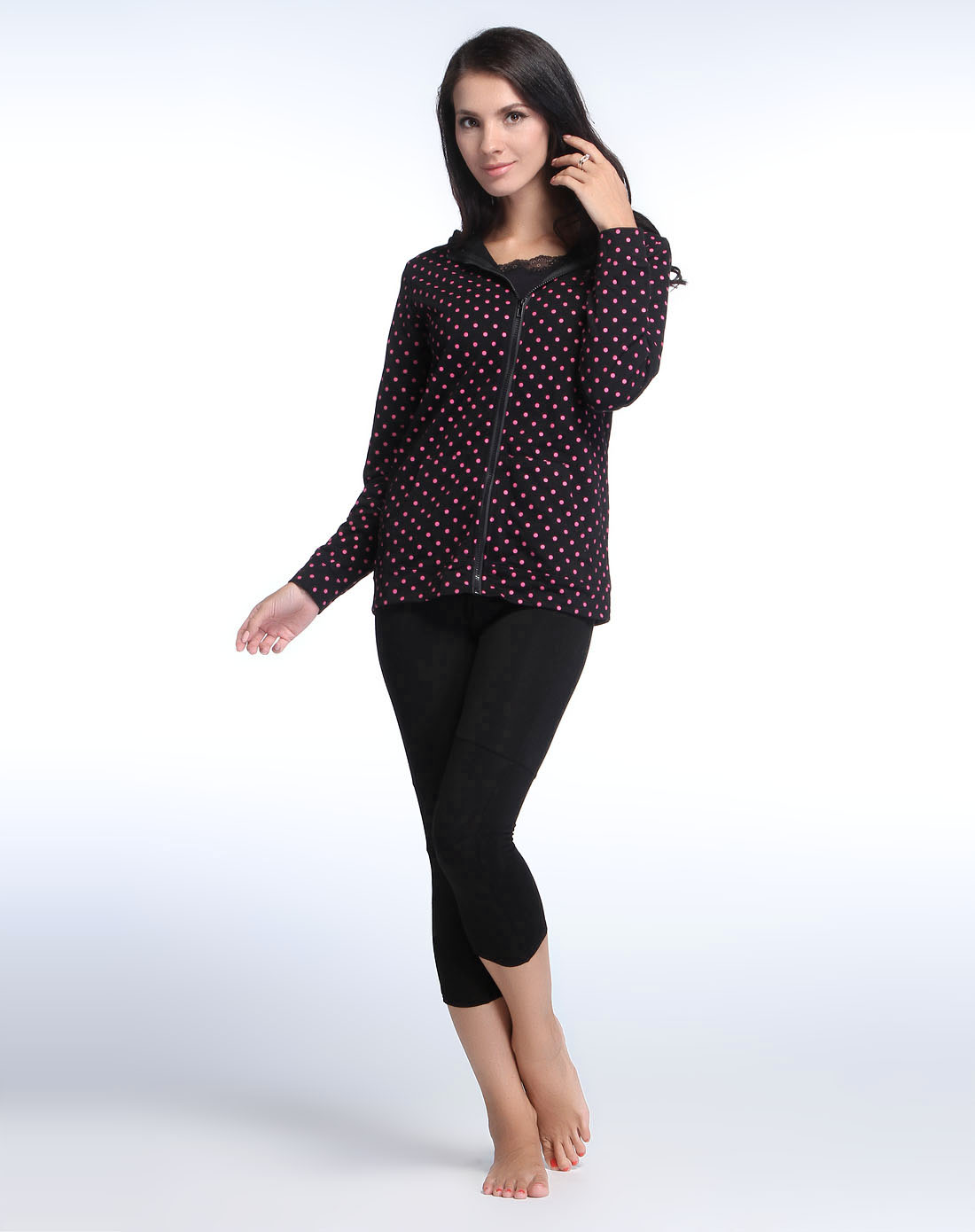 女式印花连帽长袖开衫黑底红点