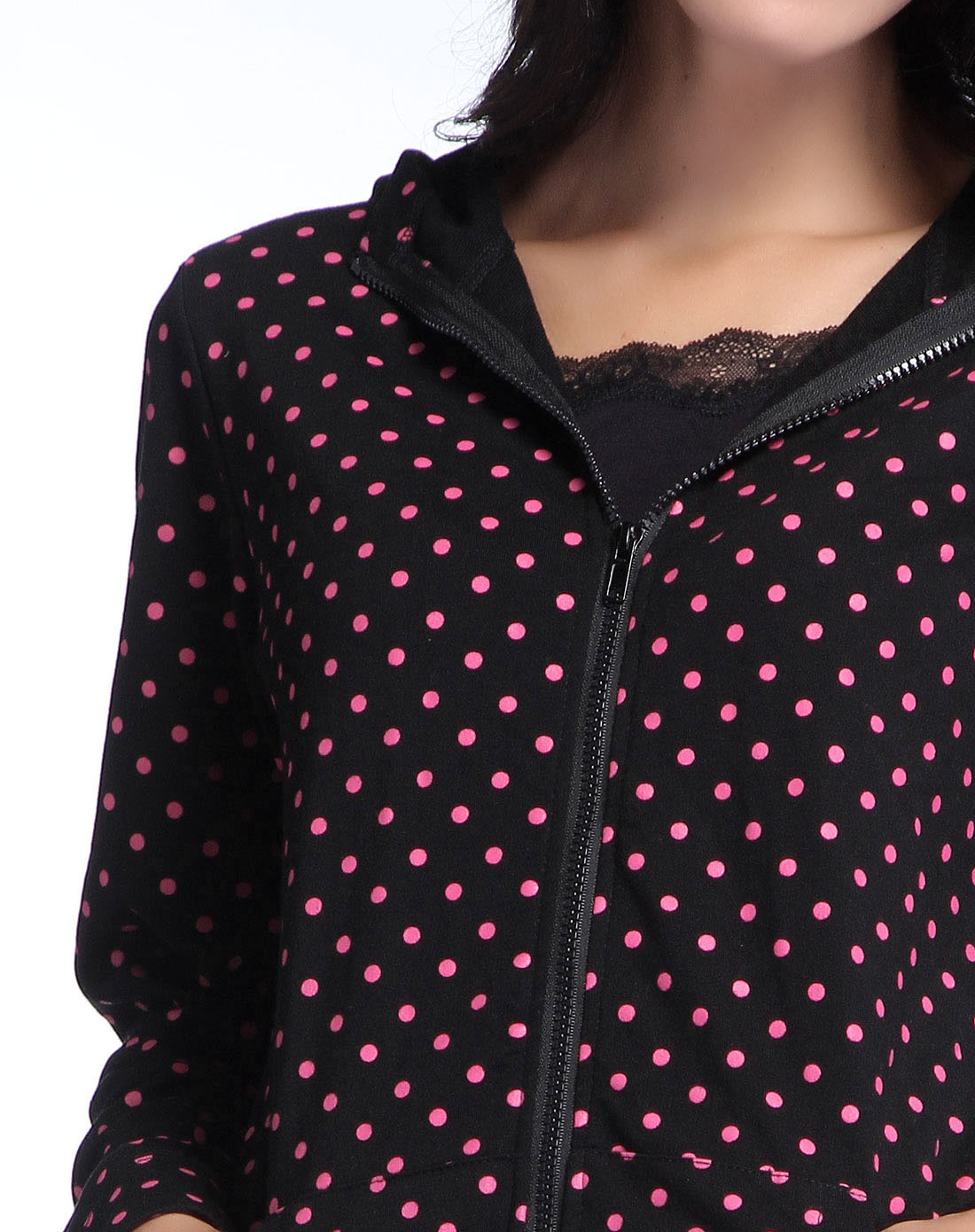 女式印花连帽长袖开衫黑底红点