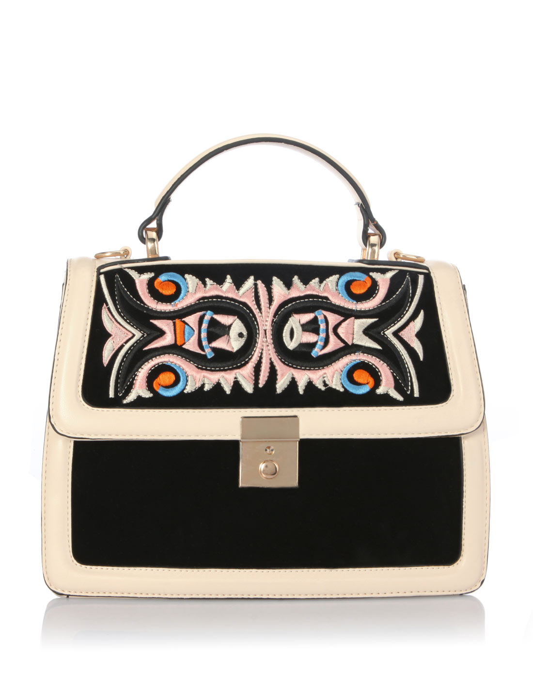 女款杏色民族彩鱼电绣图案异域单肩斜挎包