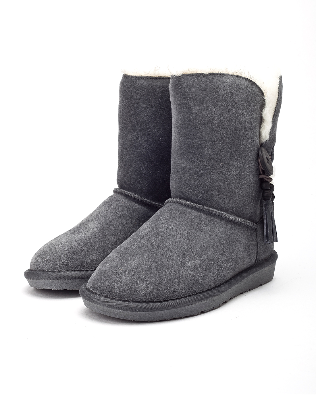 炭灰100%羊毛时尚流行单扣流苏吊坠短靴