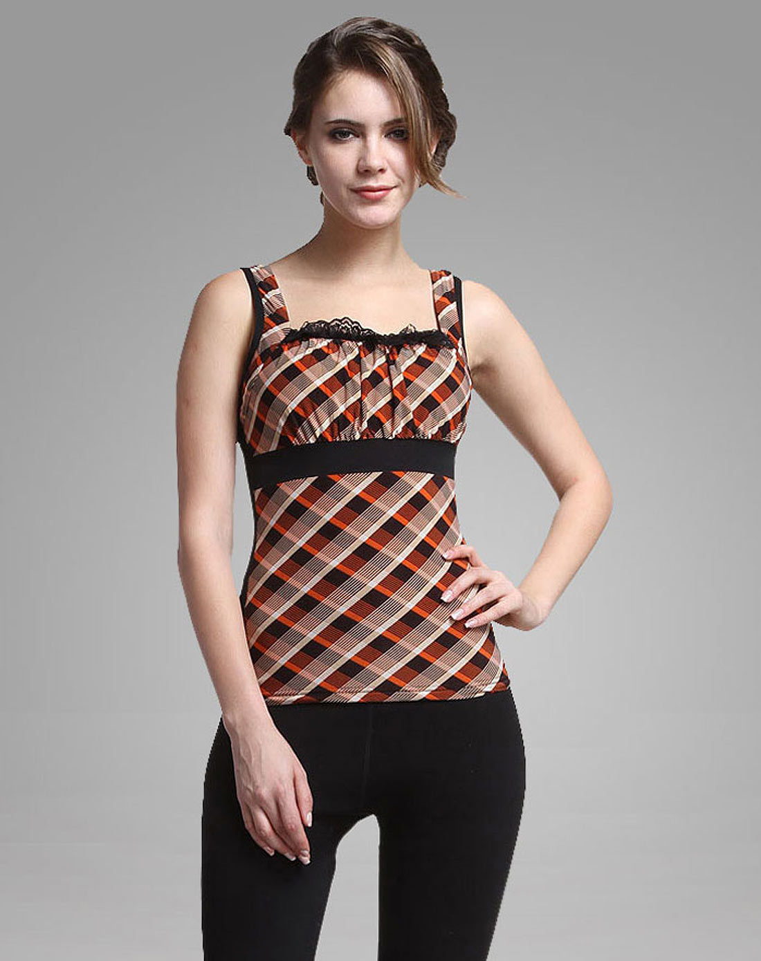 女款桔黄方格前胸抽皱花边加绒加厚保暖背心