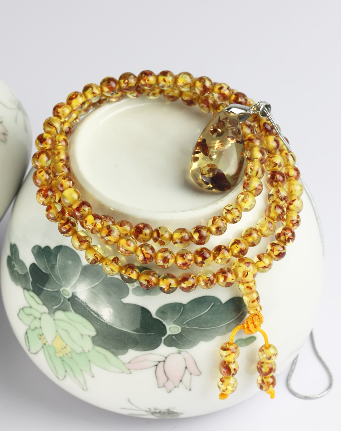 花色人工琥珀108佛珠花珀水滴吊坠套装