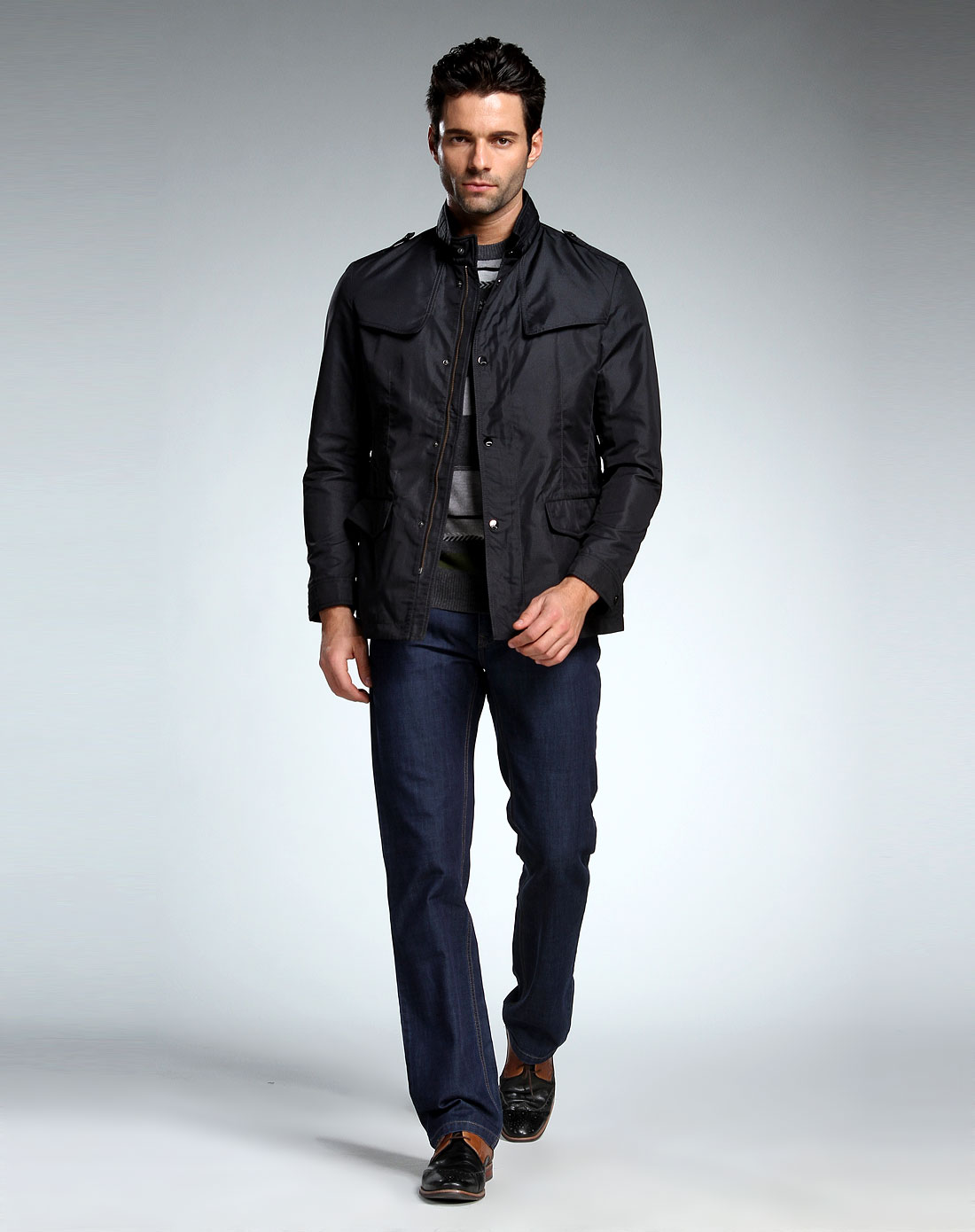 博斯绅威bosssunwen男装外套专场藏蓝色舒适暗纹长袖外套fwbf11206n1