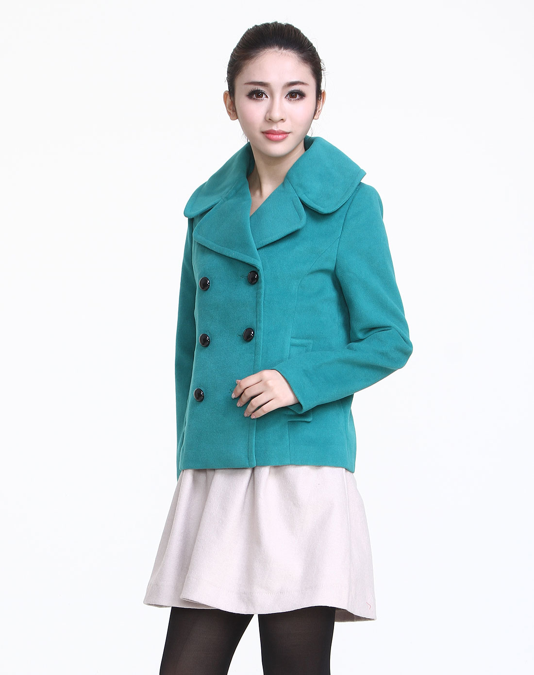 松石绿色双排扣长袖外套