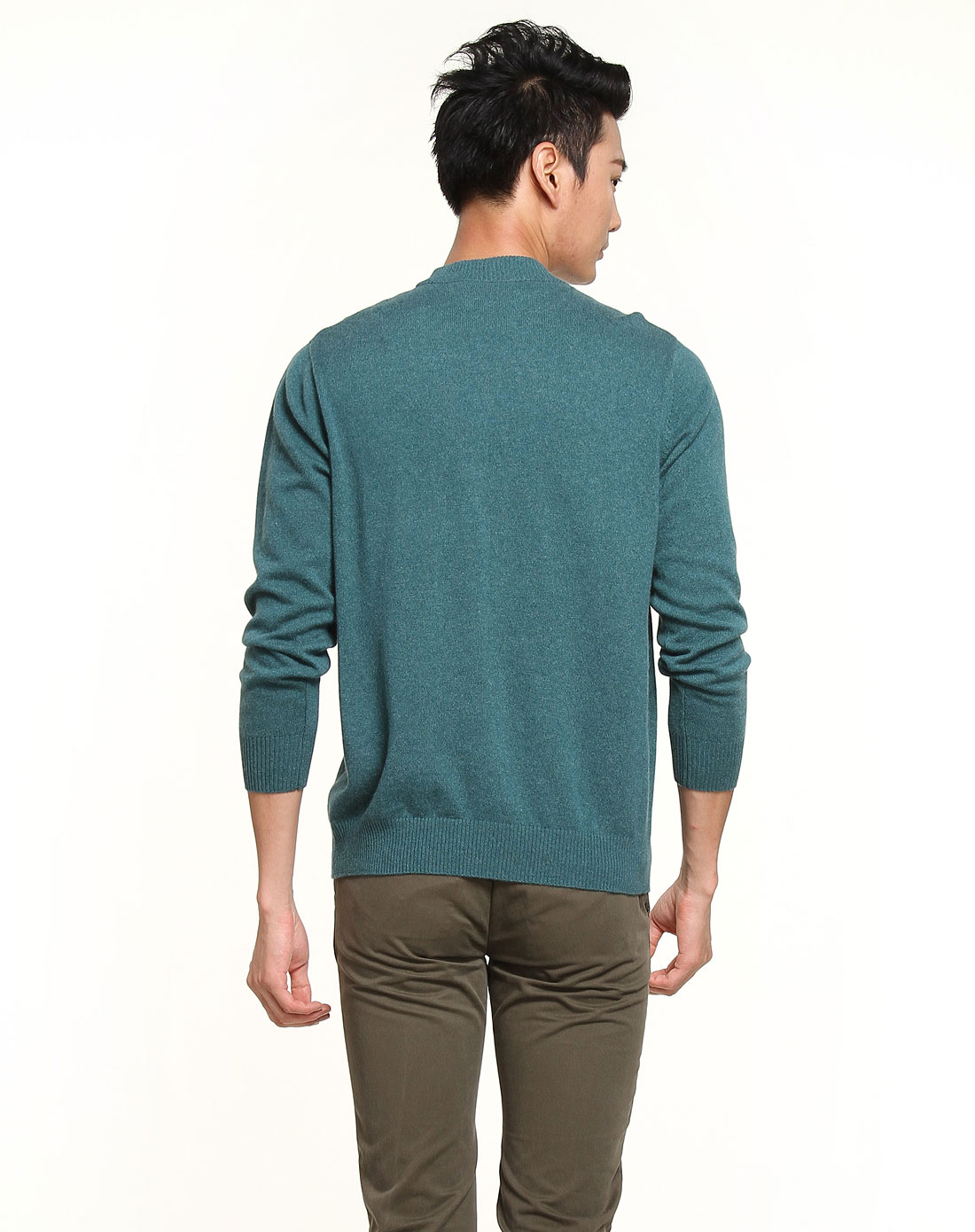 男款深青色寸领长袖100%羊绒套衫