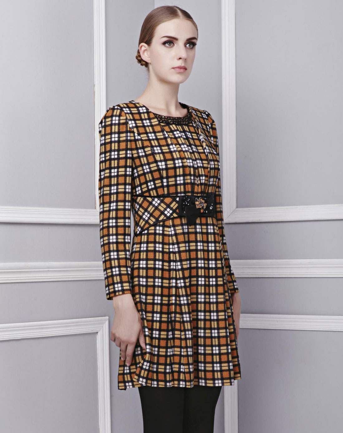 朗姿&莱茵混合女装专场-朗姿 黄色格子连衣裙