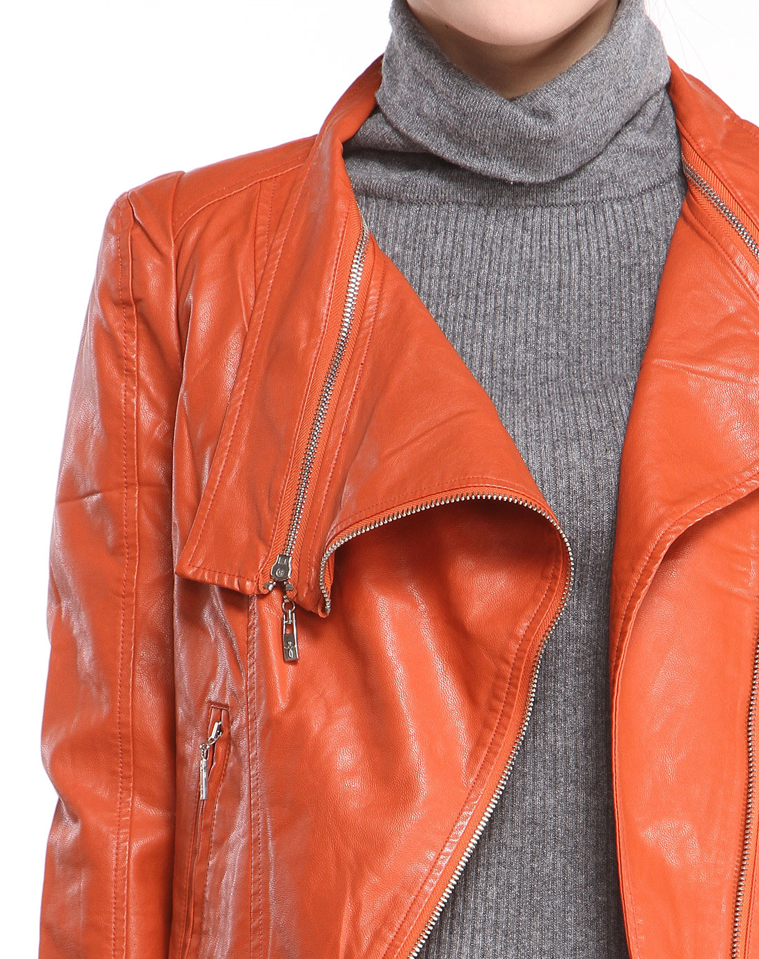 极美度jimeidu 暗橙红色侧拉链个性长袖仿皮外套