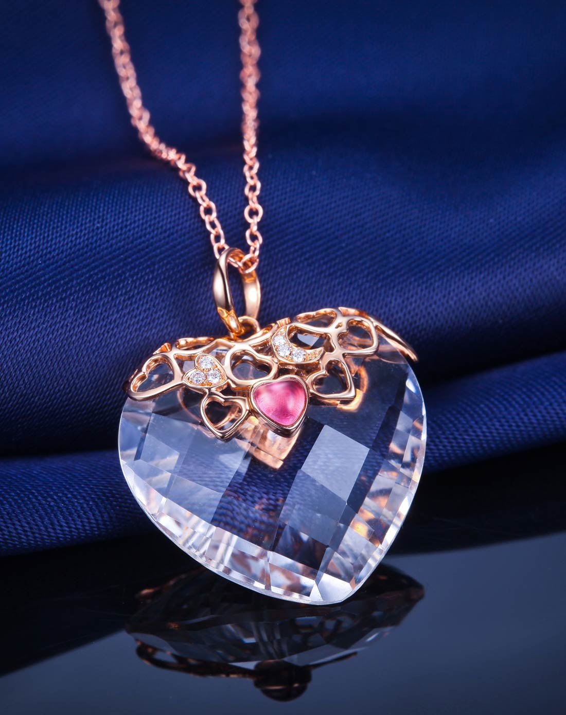 18k金白水晶碧玺心形吊坠 附证书
